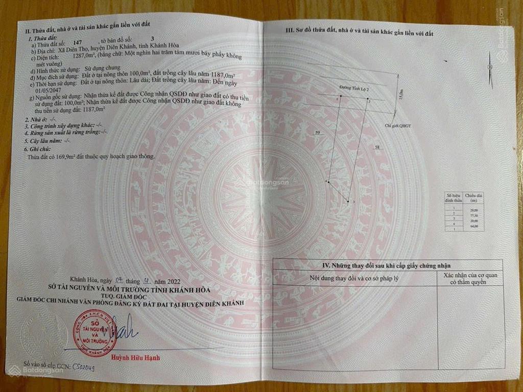 Lô đẹp diên thọ 1.287m2 gần sông mặt tiền nhựa lớn giá 3.35 tỷ