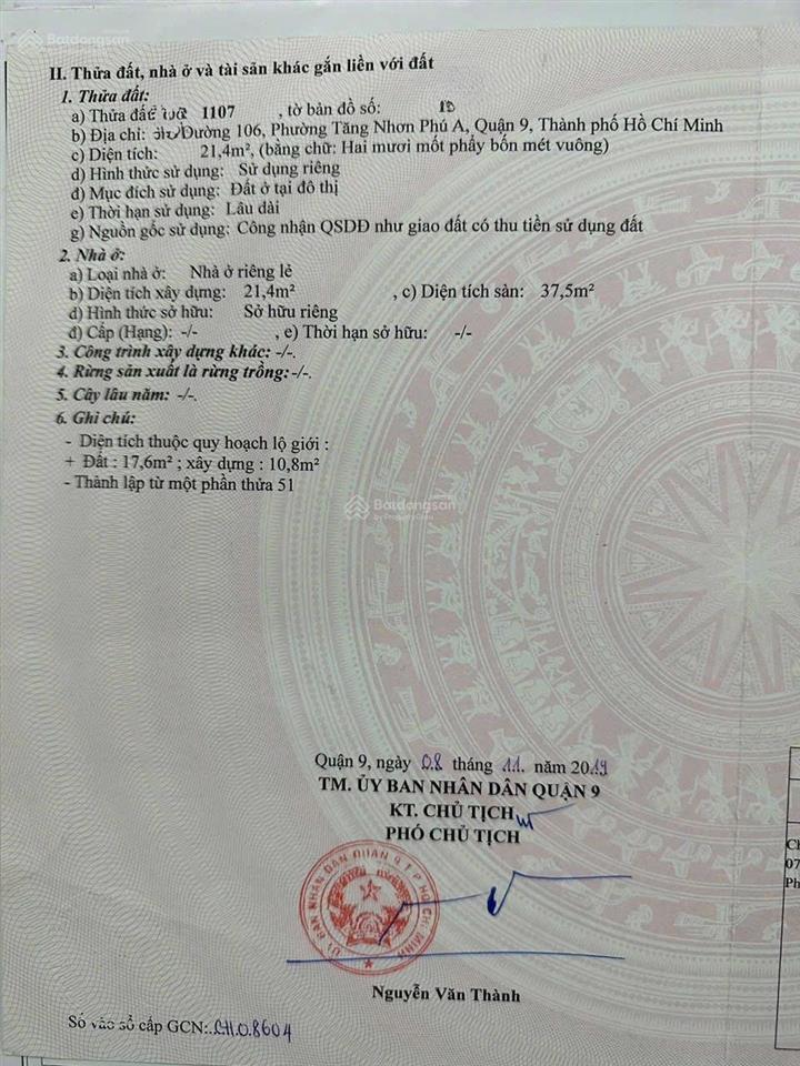 Bán nhà 1 trệt 1 lầu hẻm xe hơi thông đường man thiện tnp a q9