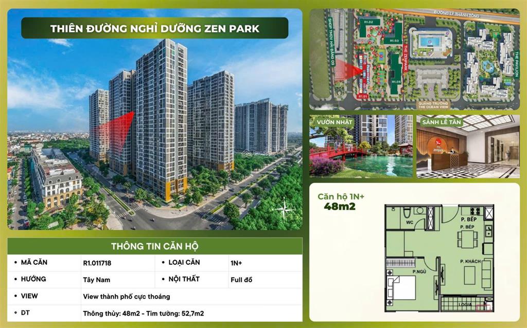 Chính chủ cần bán căn 1 ngủ+ full đồ tòa r101 khu zenpark vinhomes ocean park