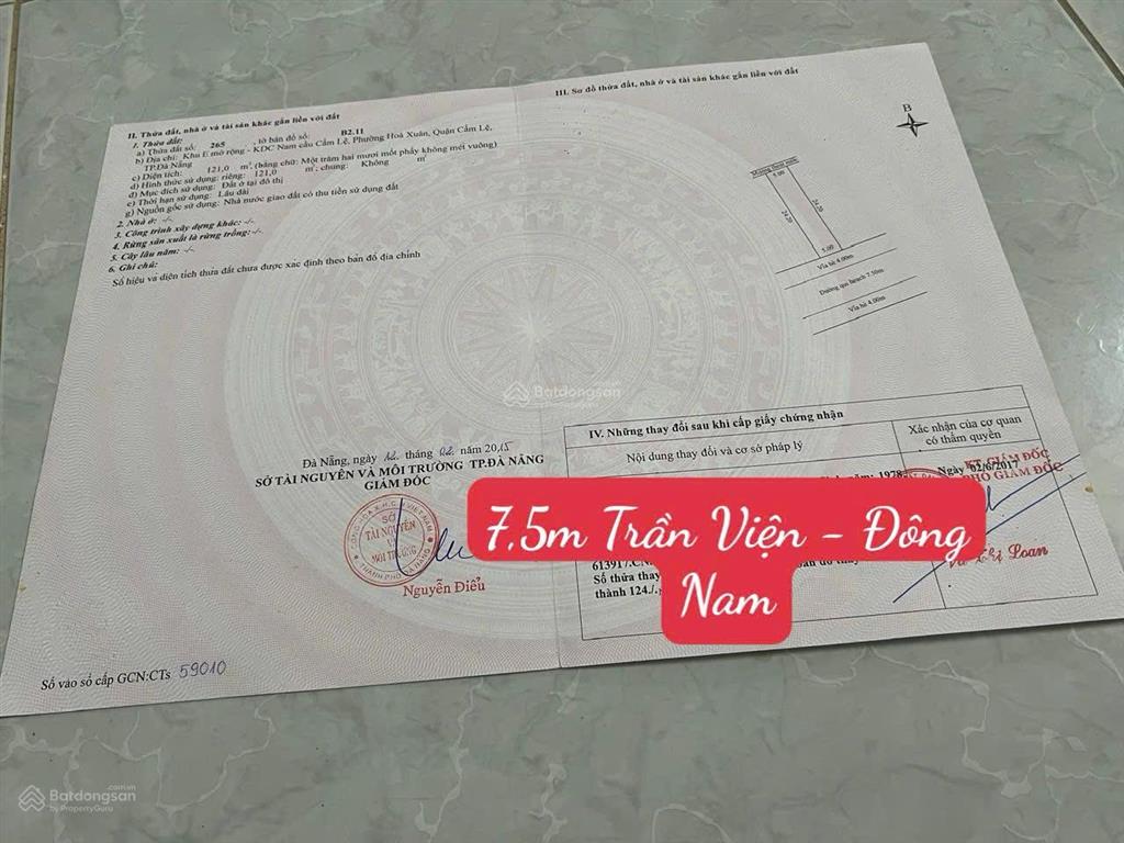 Chính chủ gởi bán lô đất đẹp đường 7,5m trần viện hòa xuân hướng đông nam, vị trí đẹp, giá tốt