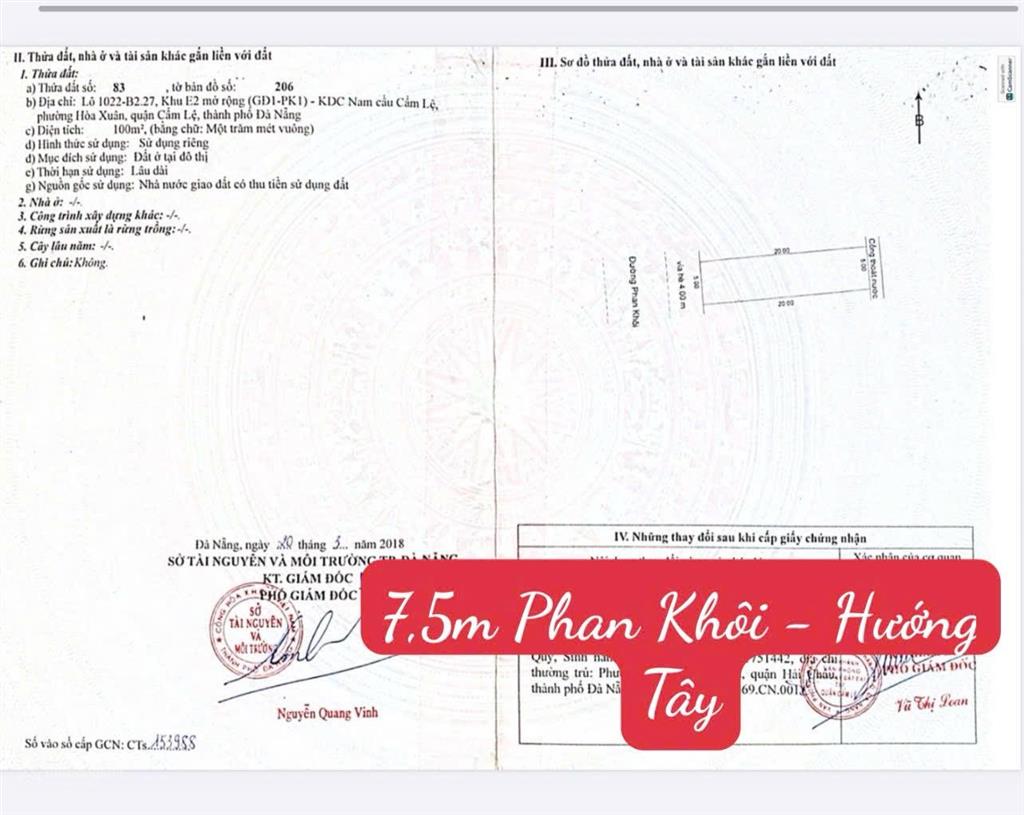 Chính chủ bán đất đường 7,5m phan khôi  hòa xuân  đà nẵng , hướng tây,sạch đẹp, giá tốt nhất