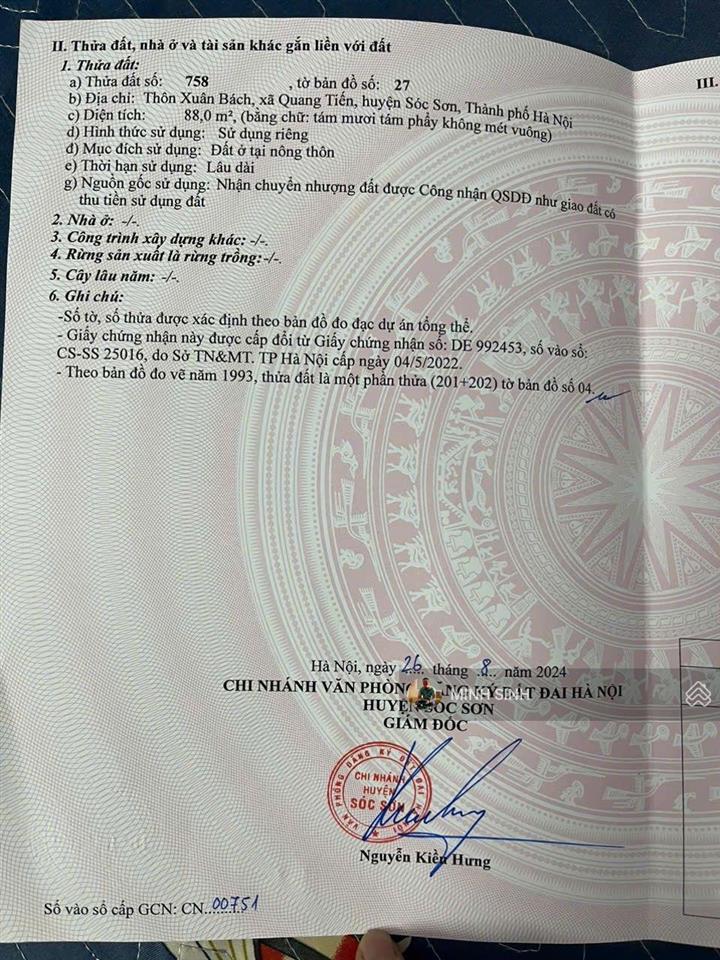 Xuân bách  quang tiến  ss  hn dt 88m2 full thổ cư mặt tiền 4.50m nở hậu. đường 4m