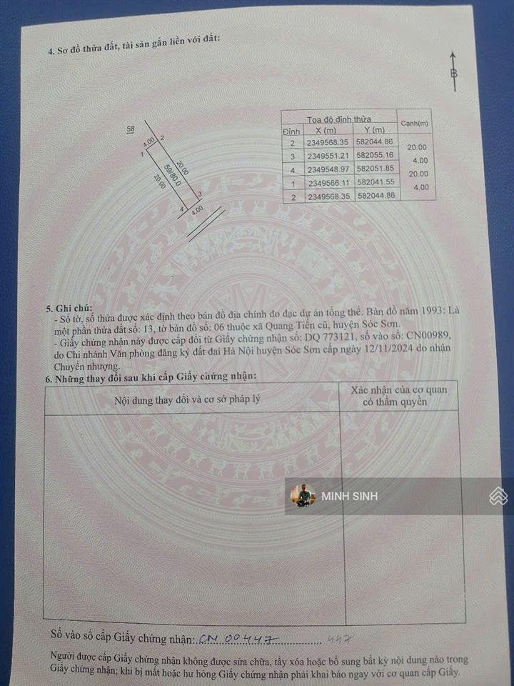 Chính chủ gửi bán lô đất đẹp tại thôn ấp bắc thượng ( quang tiến cũ) dt 80m. mt và mh 4m