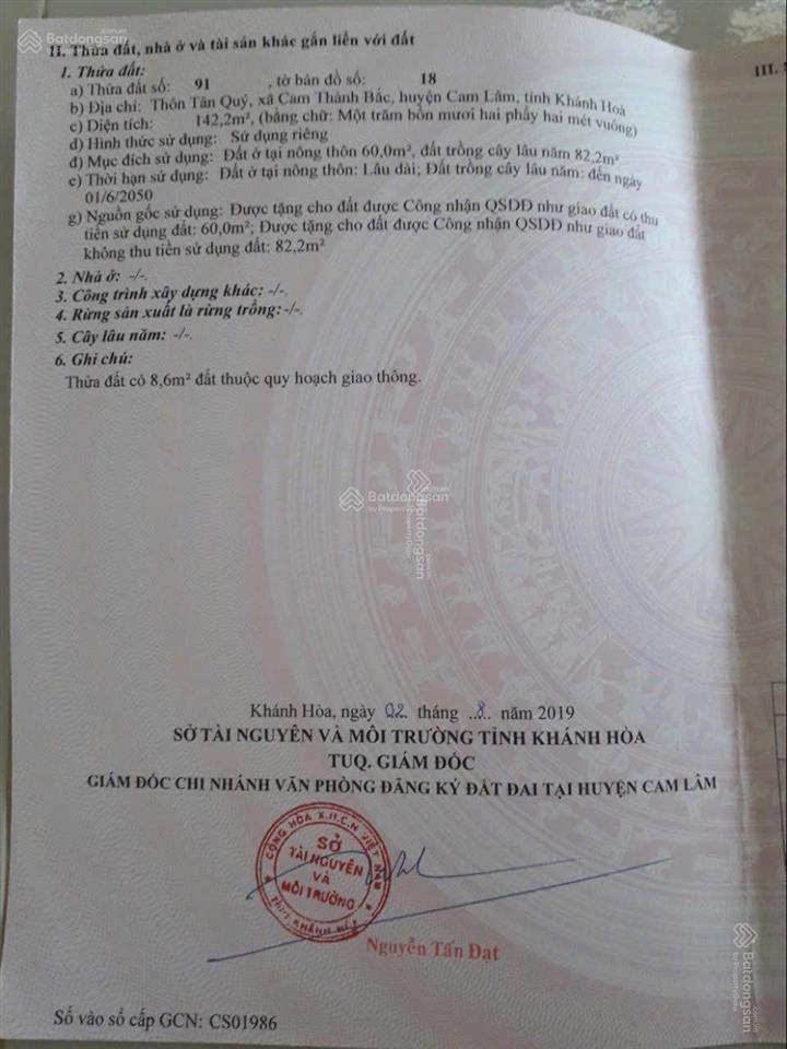 Chính chủ bán lô đất siêu đẹp tại thôn tân quý xã cam thành bắc, cam lâm, khánh hoà 0989 334 ***