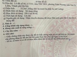 Bán lô đất 33.3m2 tái định cư xuân phương, giá 8,5 tỷ