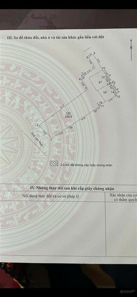 Bán nhà cấp 4 mặt phố yên hoa, dt 250m2, mt 6,63m, nở hậu, mặt hồ, giá 440tr/m2