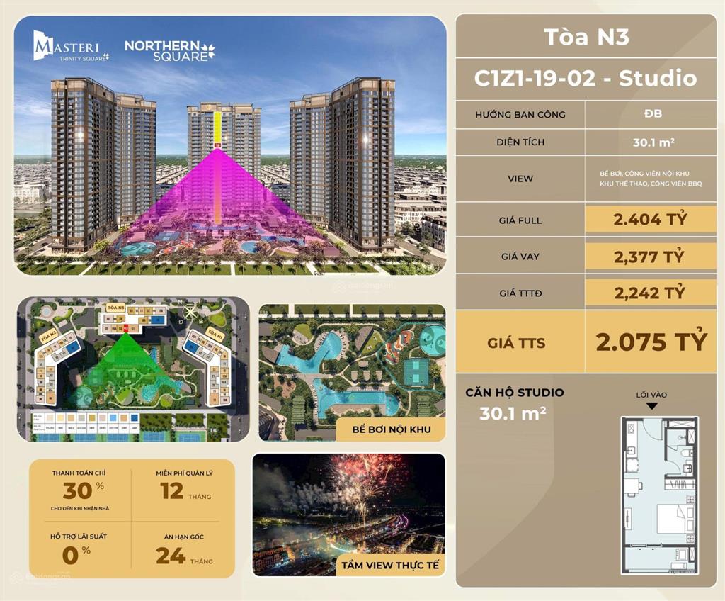 Sở hữu căn studio northern square chỉ từ 2tỷ, tầng trung, view công viên hướng đông nam, ưu đãi lớn
