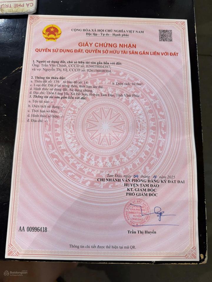 Chính chủ bán gấp lô đất cạnh trường học hồ sơn, tam đảo 94m mt 6,95m đường ôtô 9xxtr 0988296228