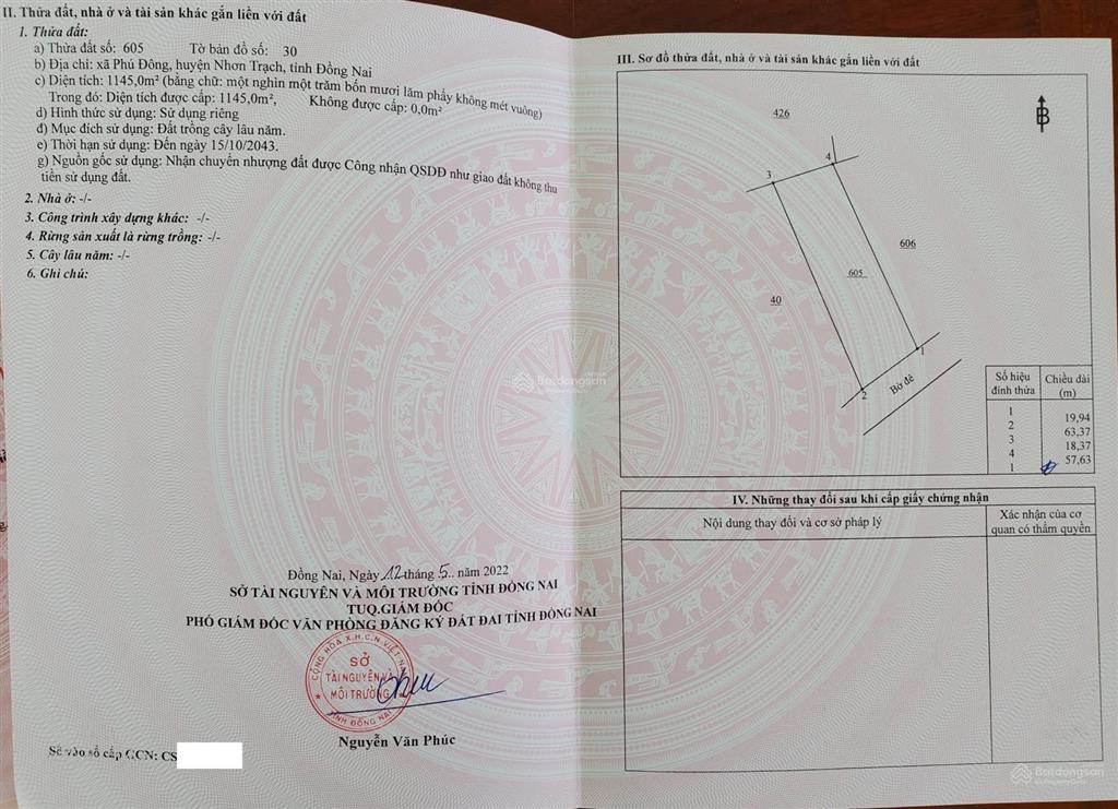 Chính chủ cần bán đất, diện tích 1145m2, tại xã phú đông, huyện nhơn trạch, tỉnh đồng nai