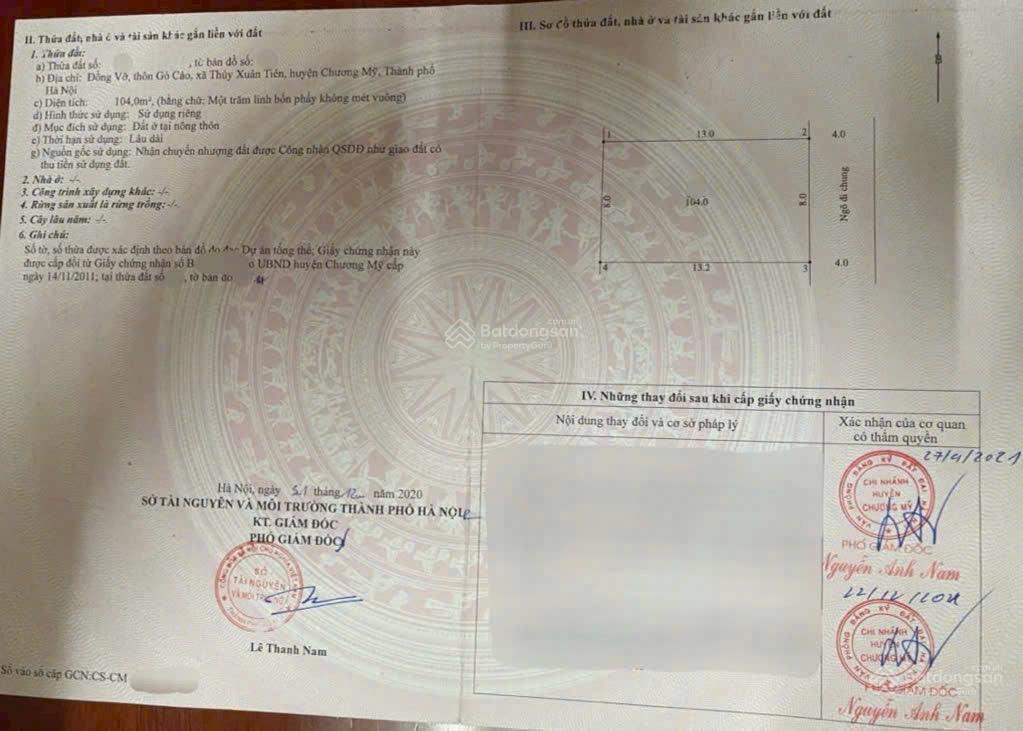 Bán đất 104m2 full thổ cư, xã xuân mai, hà nội