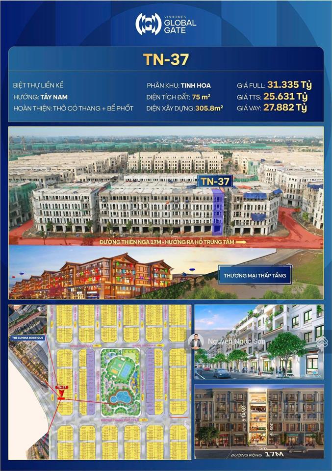 Bán căn xẻ khe tn37 75m2 25 tỷ  đường 17m gần hồ 32ha  phân khu tinh hoa