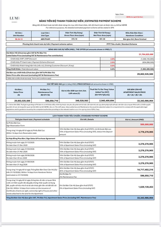 Trực tiếp cđt mở bán căn penthouse 352m2 đẹp nhất tại lumi hà nội. 2026 bàn giao thô kh tự thiết kế