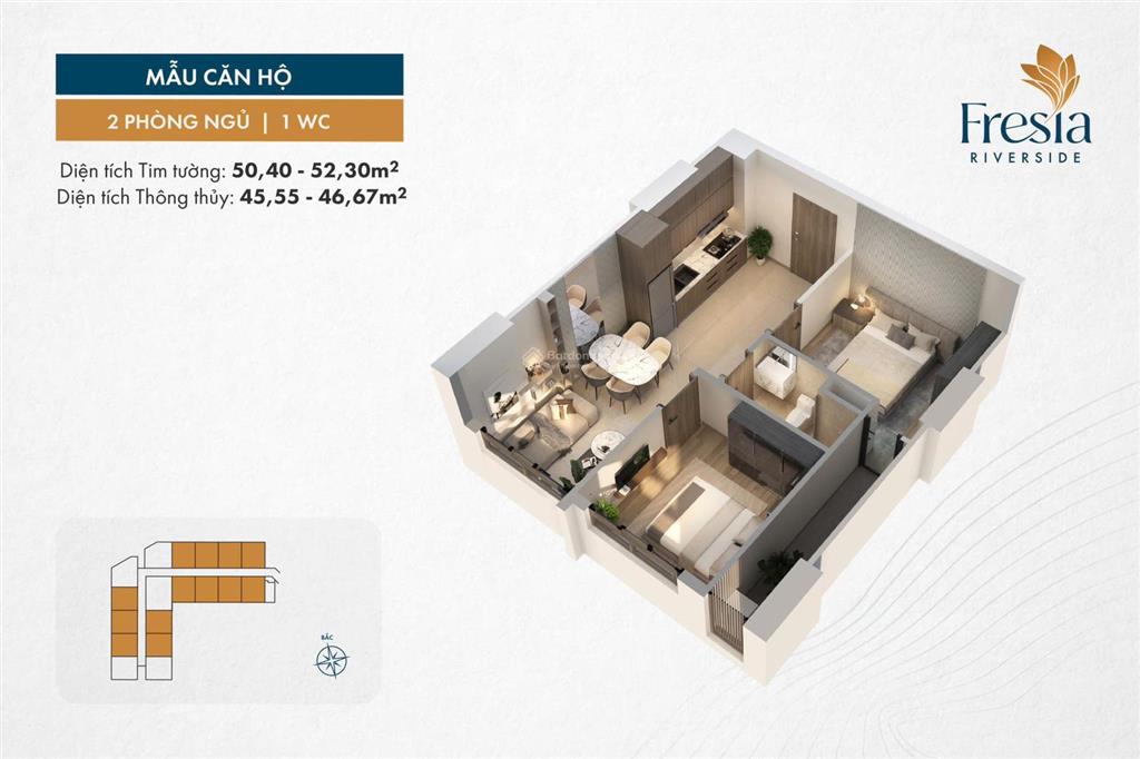 Bán căn hộ fresia riverside, 1,9 tỷ, 52m2, 2pn, 1wc chỉ với giá ưu đãi