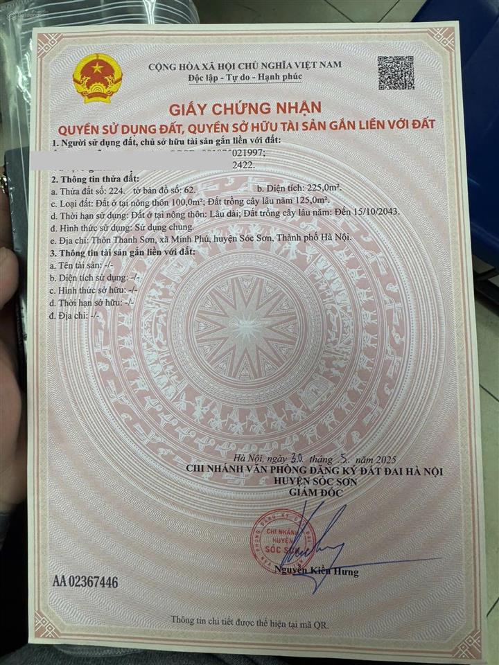 Đất đẹp 225m đối diện trường học đường nhựa 15m, thanh sơn xã kim anh hn