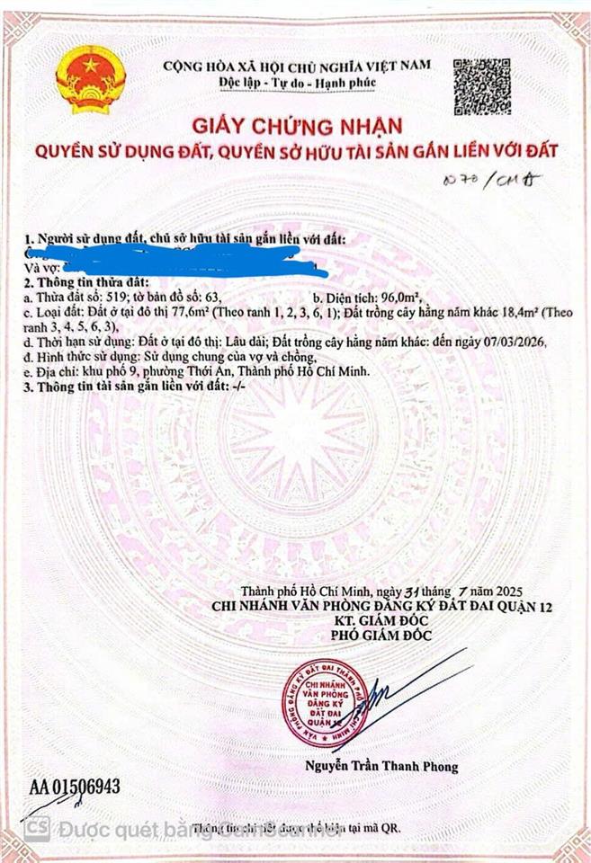 Chính chủ cần bán lô đất mặt tiền đường tx43, cách mặt tiền hà huy giáp 30m
