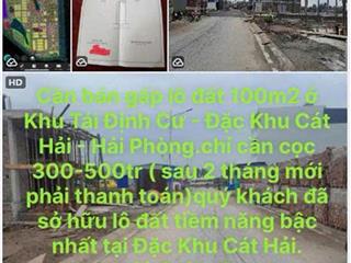 Cần bán gấp Lô Đất 100m2 ở Khu Tái Định Cư – Đặc Khu Cát Hải – Hải Phòng. chỉ cần cọc 300