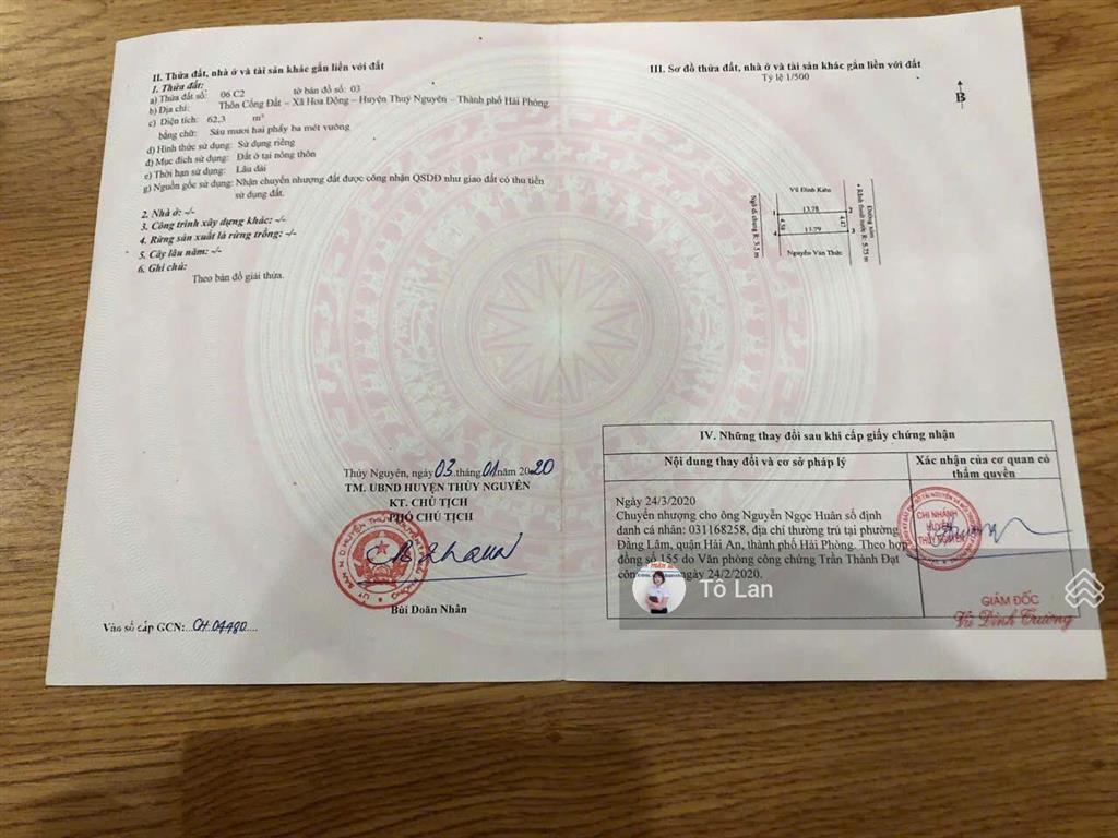 Duy nhất 1 lô thuộc tdp cổng đất, phường hoa động, thuỷ nguyên đường ô tô đỗ tận đất chỉ nhô 2 tỷ