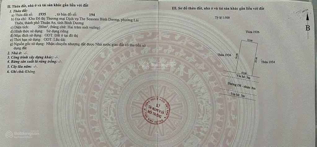 Đất biệt thự lotte 10x20m full odt giá 8 tỷ khu the seasons lái thiêu  tp hcm