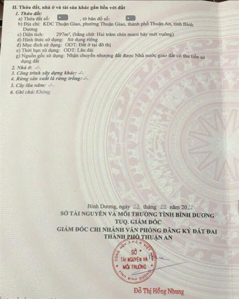 Bán đất 9x33m, đường d1 kdc thuận giao, p. thuận giao gần chợ lâm phát