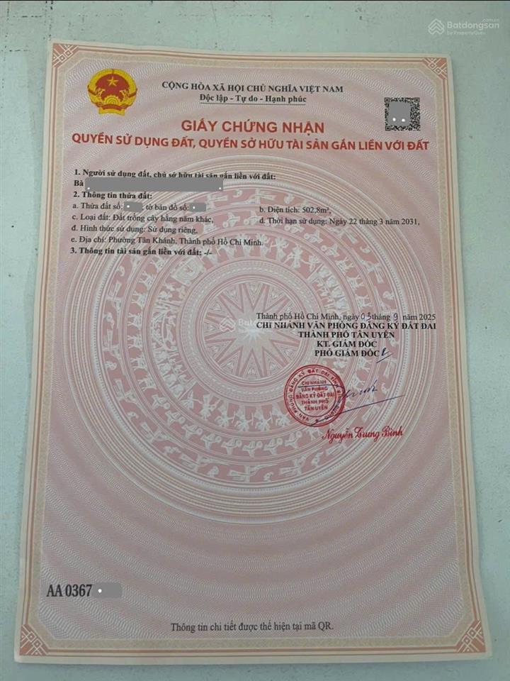 Bán đất 8.5x59.5m, mặt tiền chợ khánh long, p. tân phước khánh