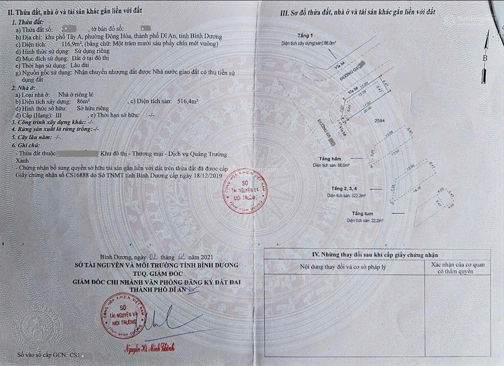 Bán căn góc 1t 4l + hầm 6.5x20m hoàn công, đường gs3, p. đông hòa gần go dĩ an