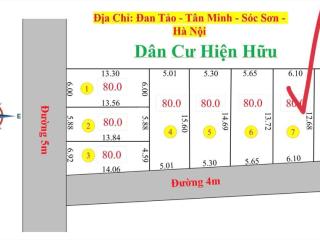 Hàng chính chủ đan tảo  tân minh  sóc sơn diện tích  80m2
mặt tiền  6,10m
đường rộng 4m
