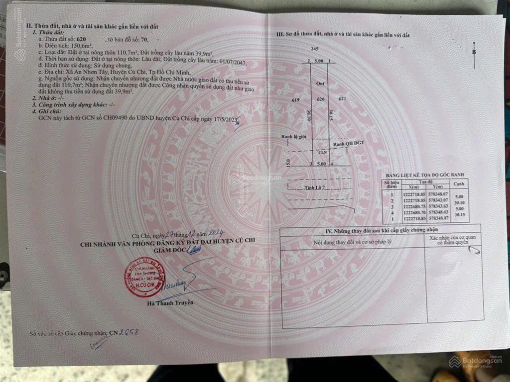 Bán lô đất mt tỉnh lộ 7, xã an nhơn tây, củ chi.
đất cao ráo bằng phẳng, dt 150m2