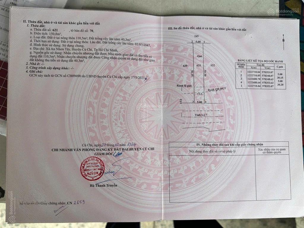 Bán lô đất mt tỉnh lộ 7, xã an nhơn tây, củ chi.
đất cao ráo bằng phẳng, dt 150m2