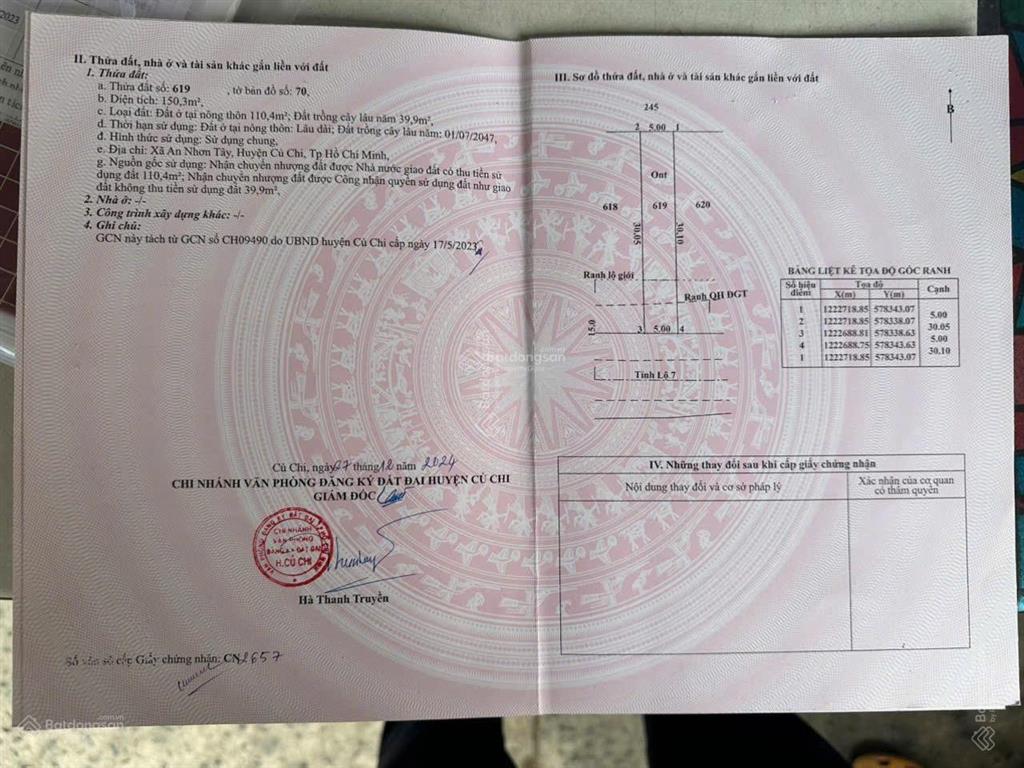 Bán lô đất mt tỉnh lộ 7, xã an nhơn tây, củ chi.
đất cao ráo bằng phẳng, dt 150m2