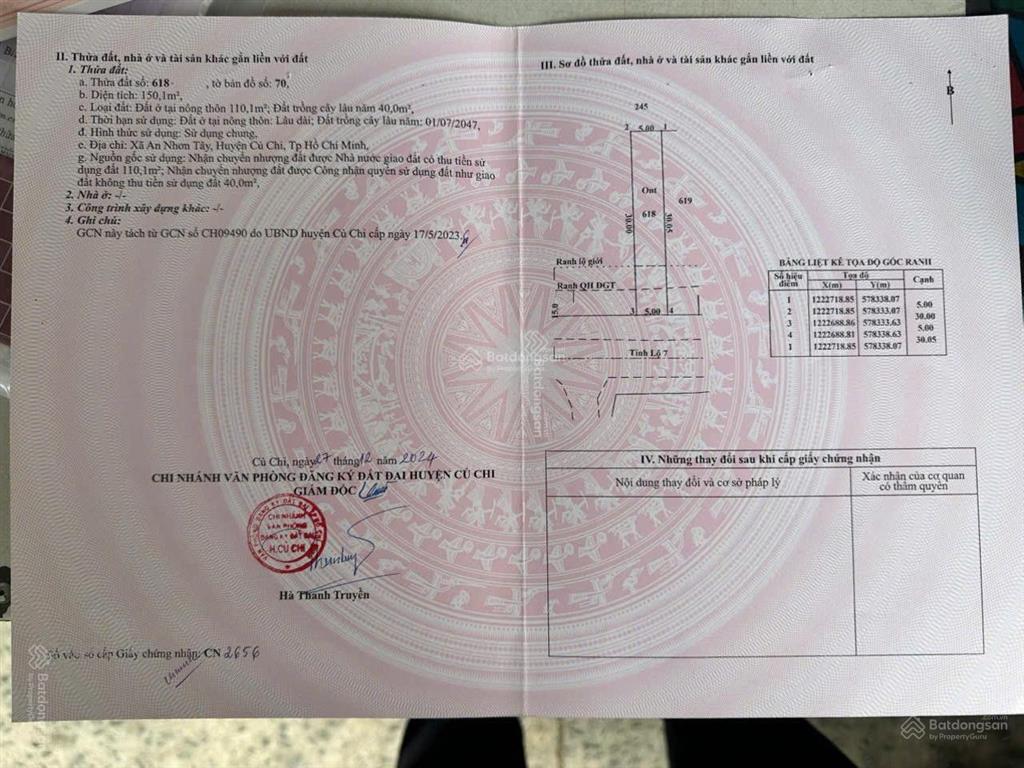 Bán lô đất mt tỉnh lộ 7, xã an nhơn tây, củ chi.
đất cao ráo bằng phẳng, dt 150m2