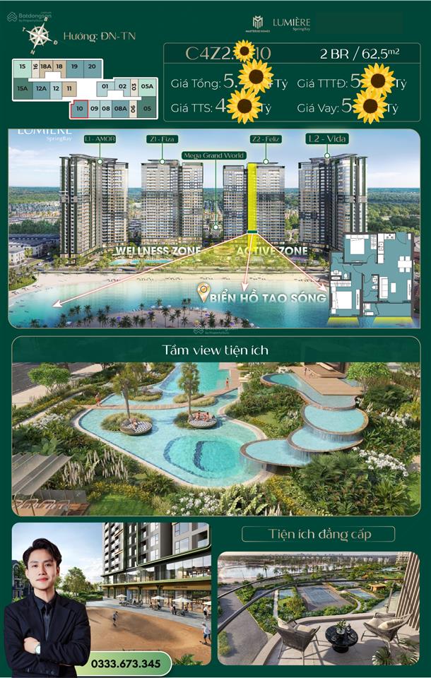 Căn 2pn góc view hồ tạo sóng giá tốt nhất tại lumière spring bay chỉ 4tỷ1xx, 0333 673 ***