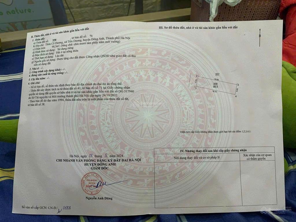 Bán 98.5m2 đất cổ dương, tiên dương  ô tô vào  59tr/m2