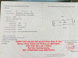 CHÍNH CHỦ cần bán đất tại phố Phúc Nam, P. Vân Giang ( Phúc Thành cũ) TP Hoa Lư, Ninh