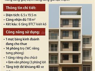 Mặt tiền 6 tầng  ngang khủng 6.5m  118m2  thang máy  thu nhập 66tr/tháng  chỉ 25 tỷ sát ga t3