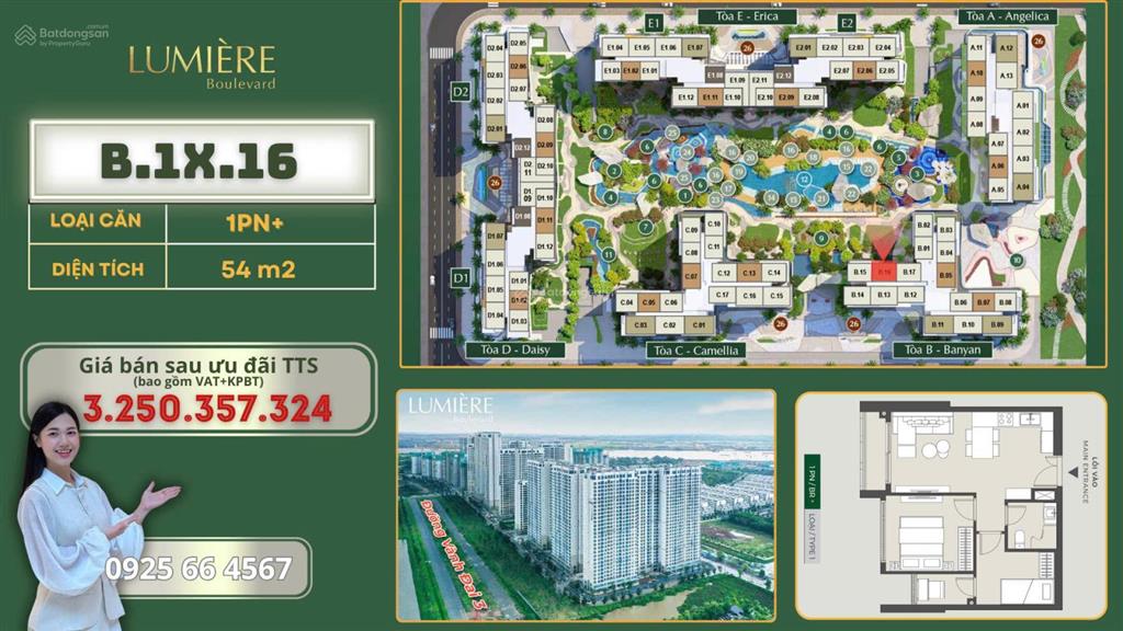 Block b, căn 1pn+ giá tốt nhất lumiere boulevard nội khu, tầng trung giá 3.250 tỷ all in, gồm sổ