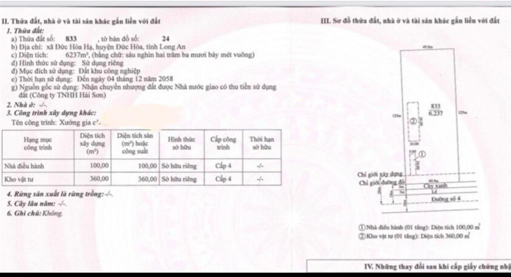 Bán đất xây dựng xưởng 6237m2. khu công nghiệp hải sơn. đức hòa hạ. long an