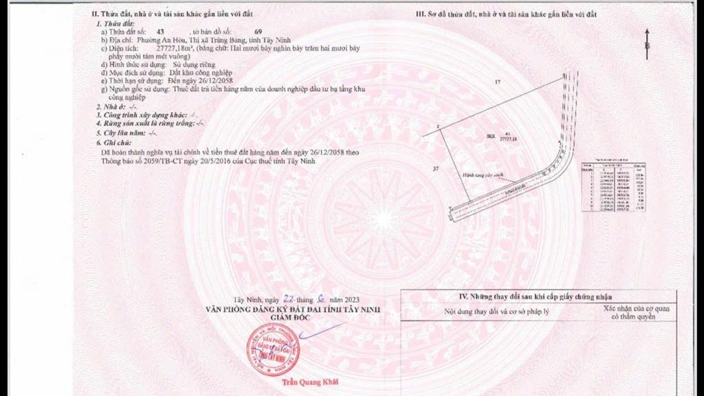 Bán đất 27.727m2 trong khu công nghiệp thành thành công, trảng bàng, tây ninh