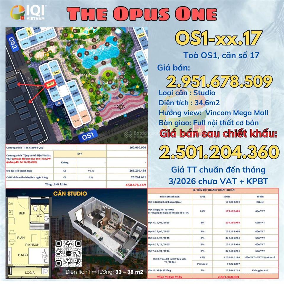 Căn studio có ban công 2.5 tỷ rẻ nhất dự án opus one hiện tại