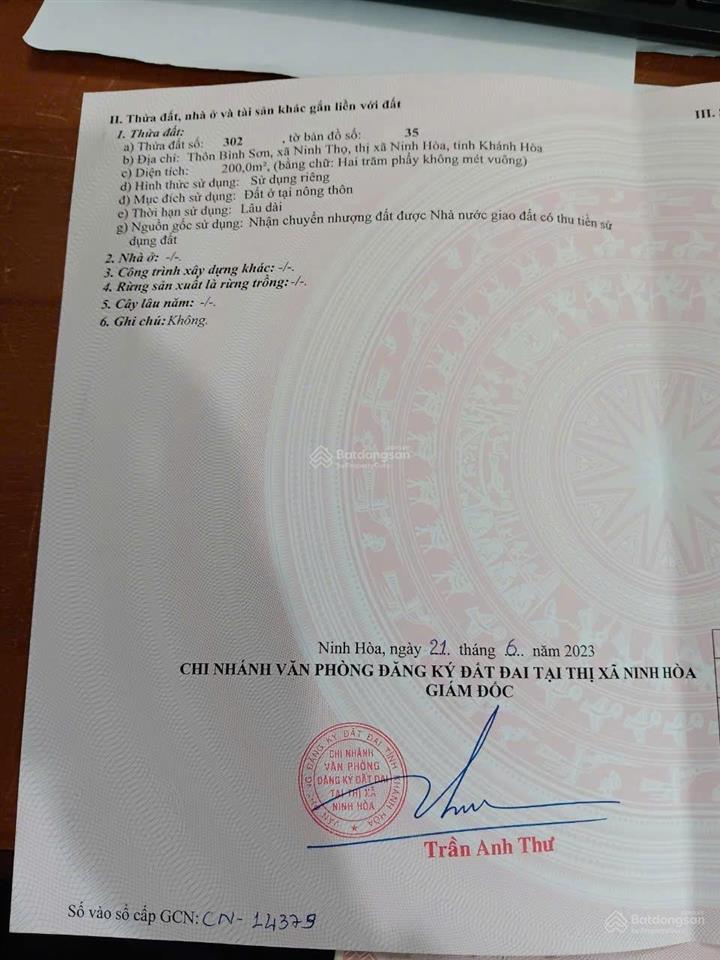 Chính chủ bán đất tdc ninh long bình sơn, xã bắc ninh hoà, khánh hoà. dt 200m2 full thổ cư