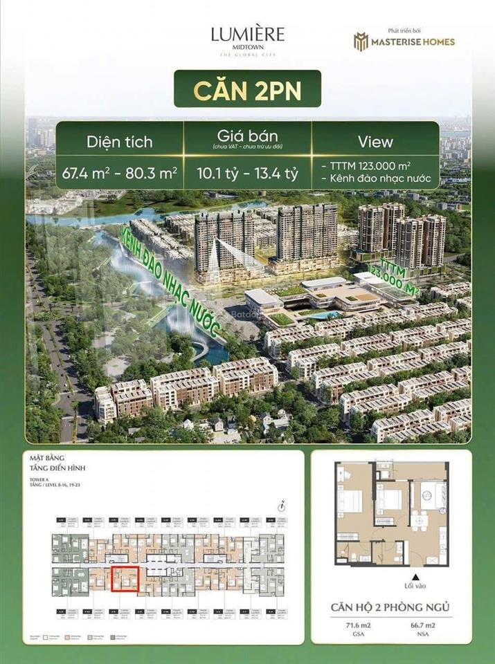 Bán căn hộ 2pn 70m2 view nhạc nước lumiere midtown giá chỉ 9,257 tỷ, ck lên đến 12%,  0912 282 ***