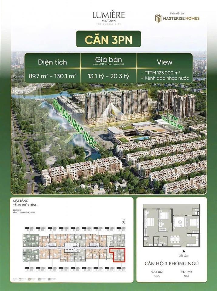 Bán căn hộ 2pn 70m2 view nhạc nước lumiere midtown giá chỉ 9,257 tỷ, ck lên đến 12%,  0912 282 ***