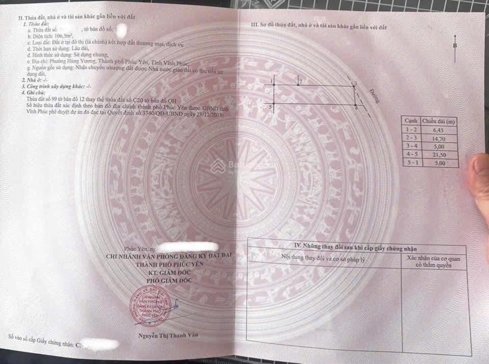 Bán lô đất dịch vụ kđt hùng vương, phúc yên, phú thọ. hàng hiếm khó tìm. diện tích sổ hồng 106,5m2