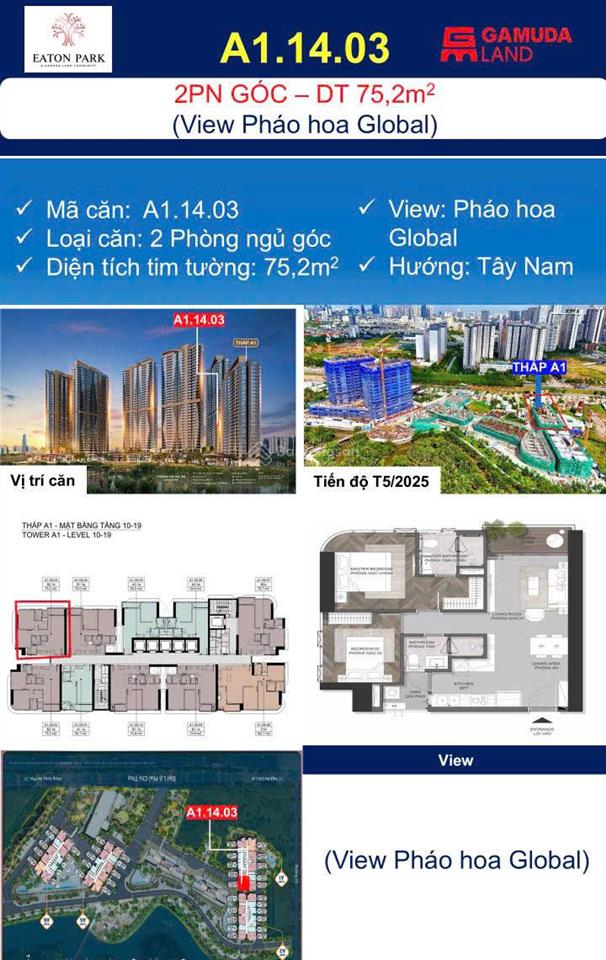 Độc quyền, bán mã căn góc a1.14.03 hoa hậu trong các căn 2pn siêu căn hộ cao cấp eaton park, 75.2m2