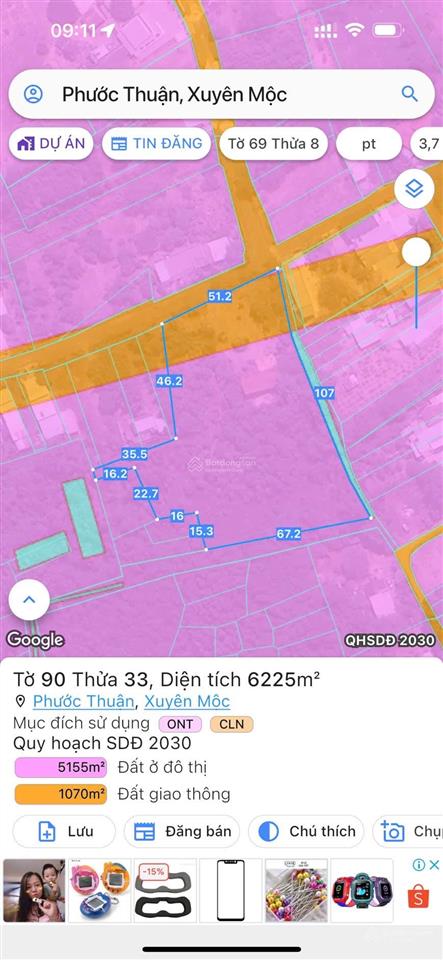 Bán đất 6225m² tại phước thuận (xã hồ tràm) cách biển hồ tràm 8km, cách ql55 500m
