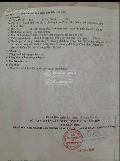 Bán đất 196m2 cam phúc bắc, p bắc cam ranh, cam ranh, khánh hòa