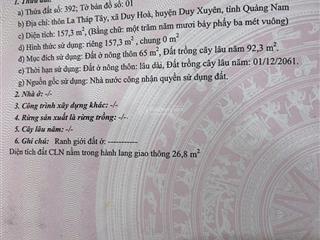 Chính chủ cần bán 157m2 mt chợ kiểm lâm, duy hoà, duy xuyên