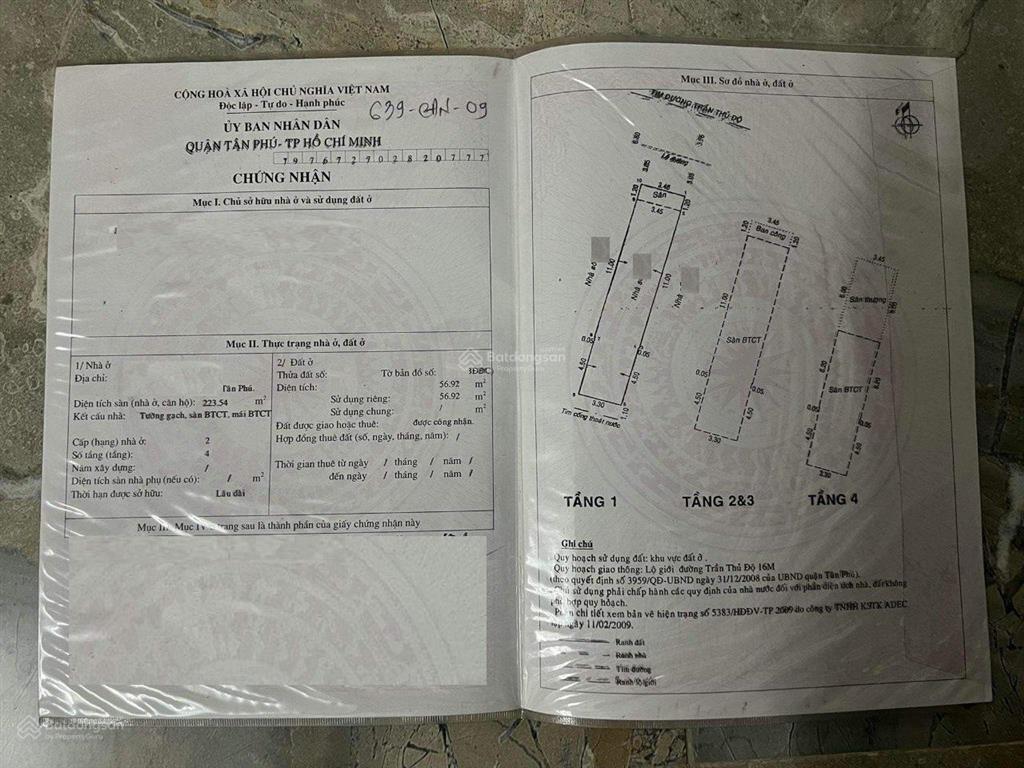 Bán nhà mặt phố trần thủ độ, tân phú, 8,6 tỷ, 3,5x17m, 4 tầng kiên cố, pháp lý đầy đủ