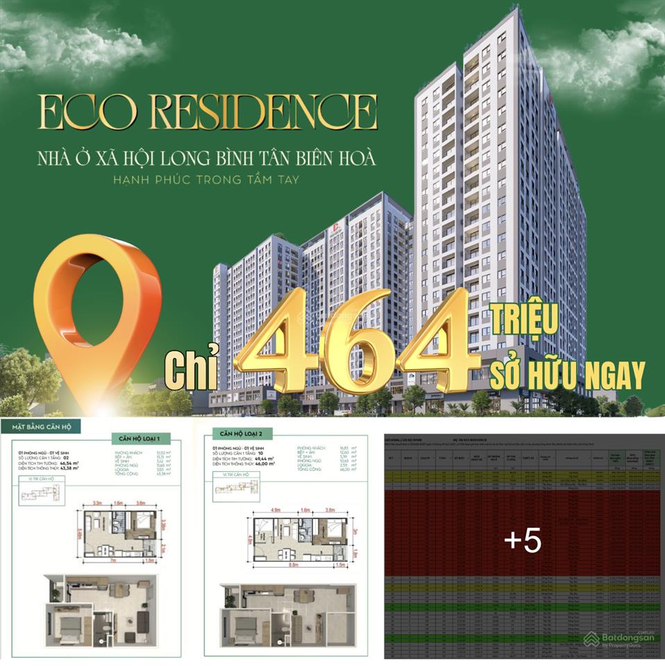 Suất căn 1 + 1 phòng ngủ (49m2). thanh toán trước 464 triệu đến nhận nhà. góp 6 triệu/tháng