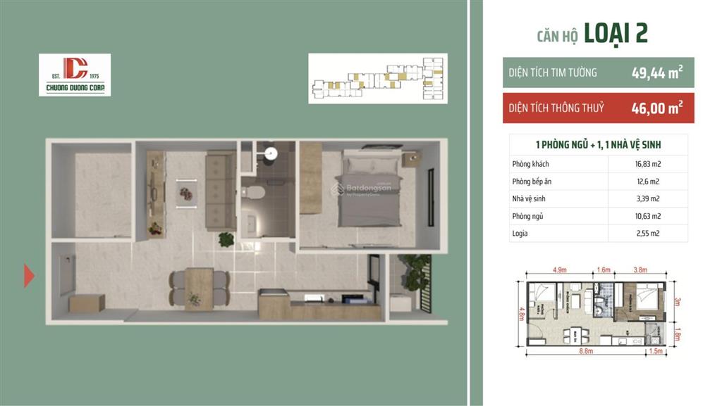 Suất căn 1 + 1 phòng ngủ (49m2). thanh toán trước 464 triệu đến nhận nhà. góp 6 triệu/tháng