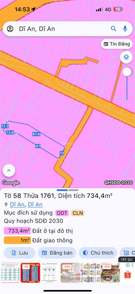 Bán đất dĩ an ngang 13m, cách đường tú xương chợ dĩ an 50m